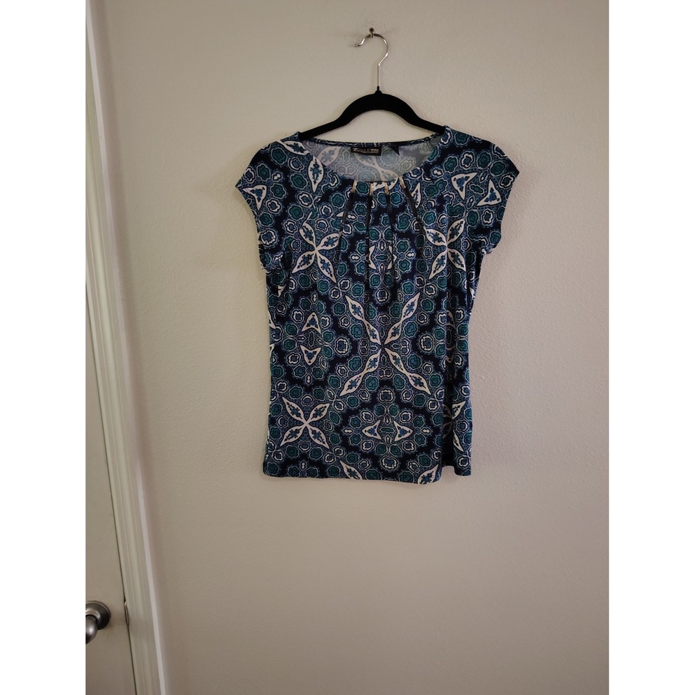 7th Avenue Design Studio NY&Co Blue Green Geometric Pleated Cap Sleeve Top XS